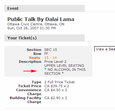 Dalai Lama tickets: NO ALCOHOL